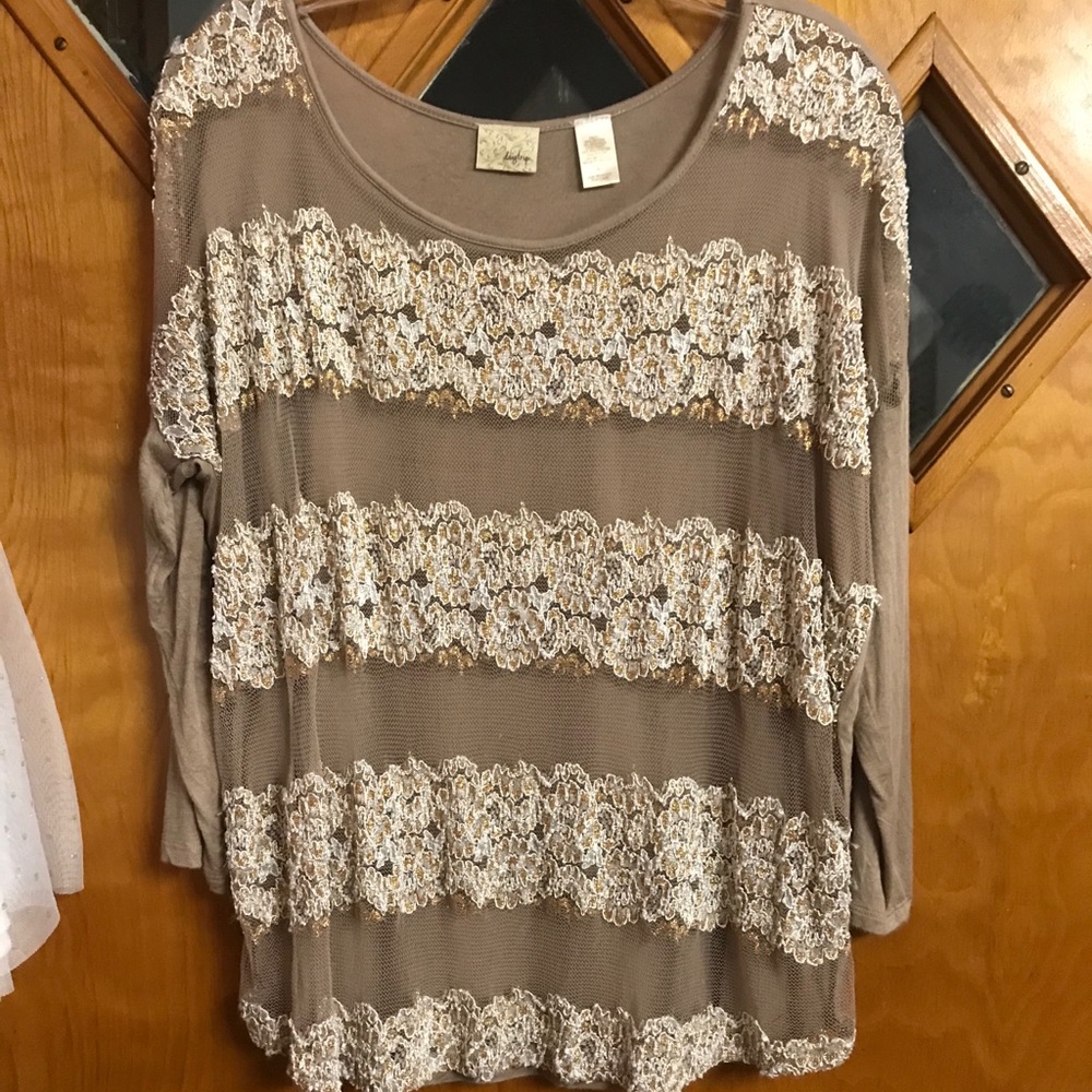 Tan top with sheer front by daytrip. Size L - Picture 1 of 5